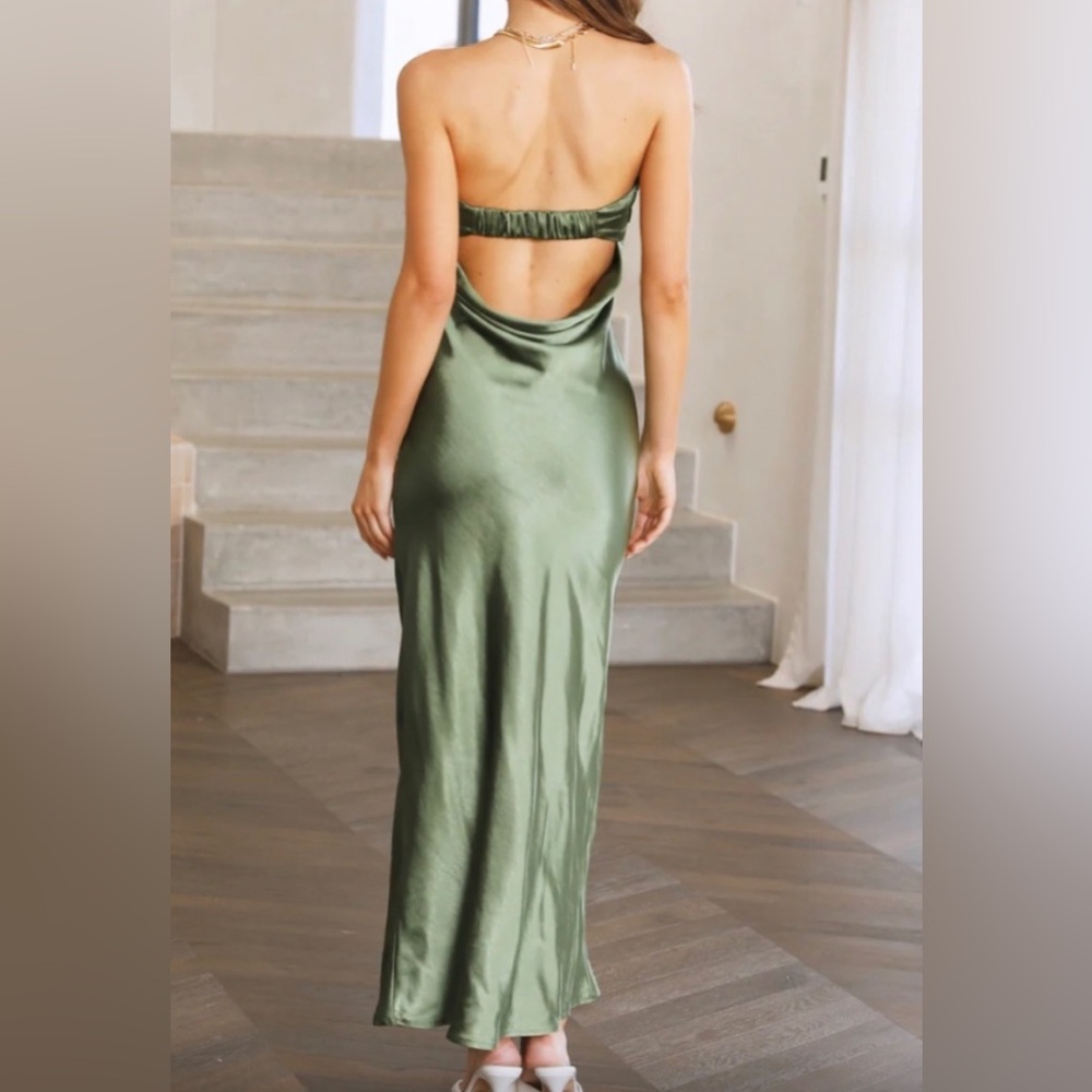 Hello Molly Run To The Top Olive Green Satin Strapless Maxi Dress - Picture 3 of 3